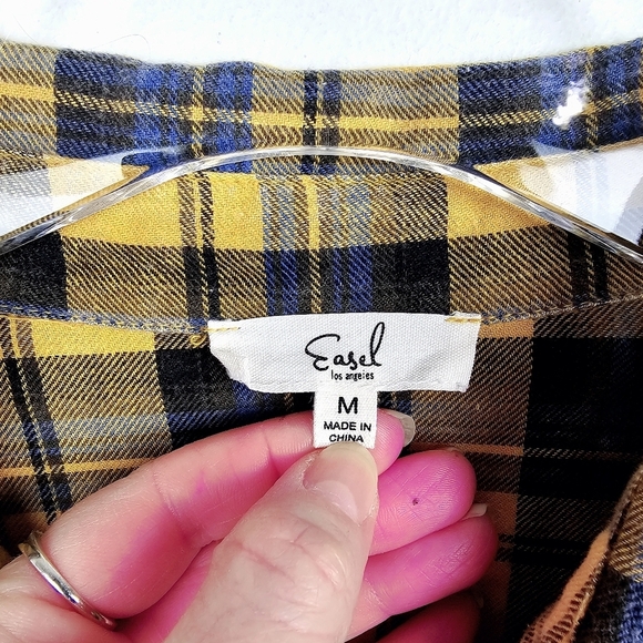 Easel Oversized Plaid Frayed Raw Edge Balloon Sleeve Dress - Picture 3 of 13